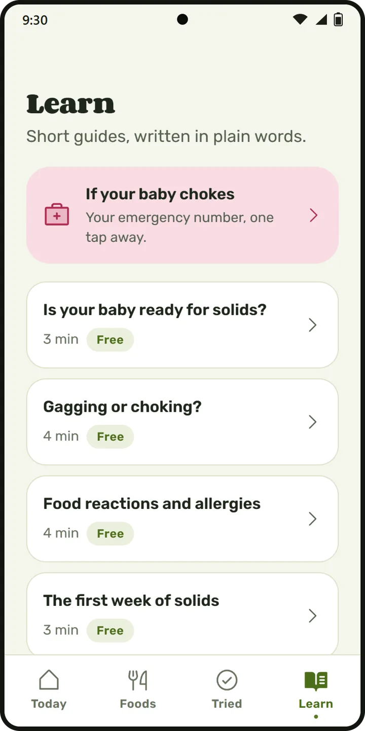 Munchlet Learn tab: the emergency card at the top, then short guides on readiness, gagging or choking, food reactions and the first week