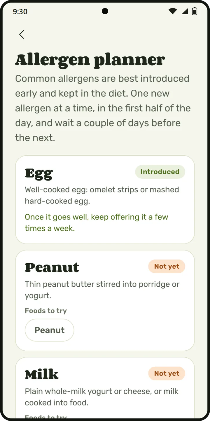 Munchlet allergen planner: egg introduced, peanut and milk not yet, with foods to try for each