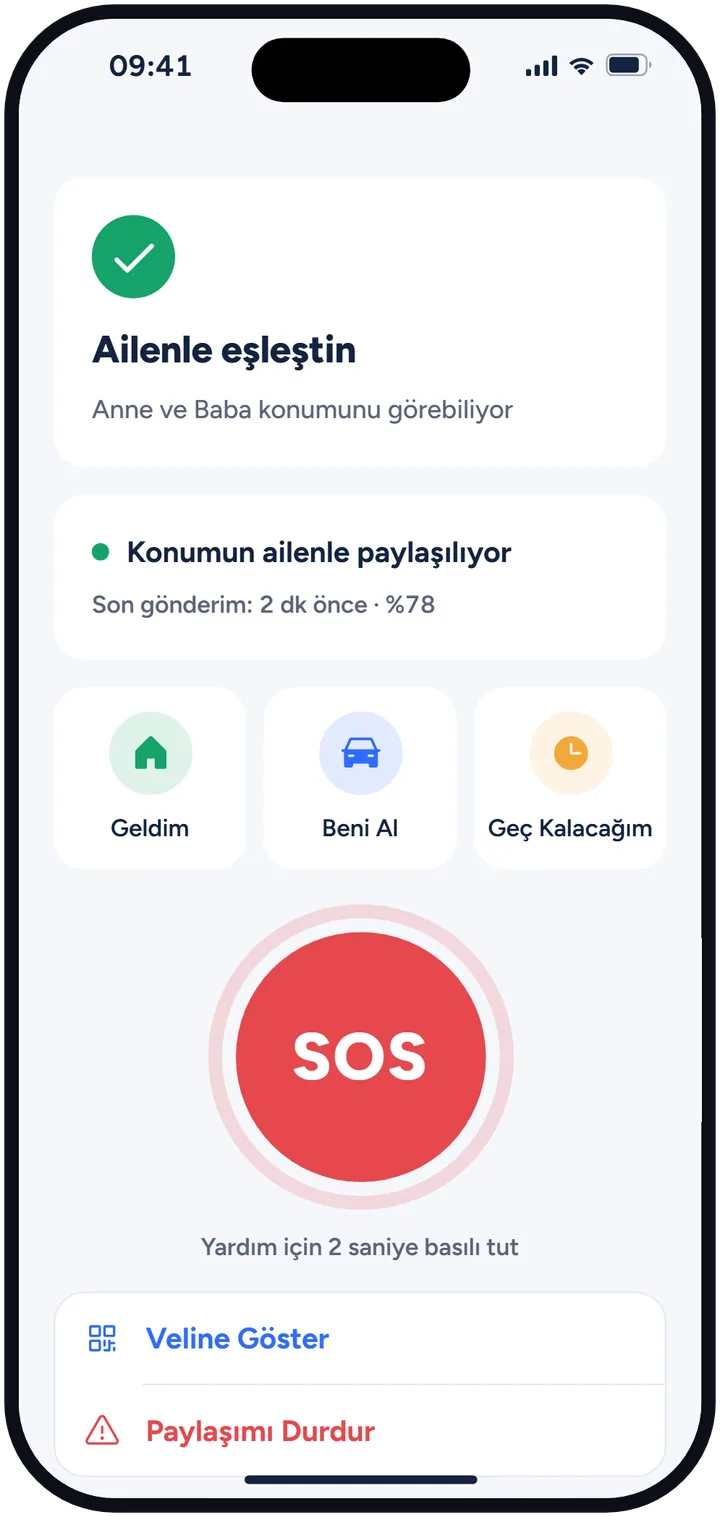 Çocuğun ekranı: Geldim, Beni Al, Geç Kalacağım düğmeleri ve SOS