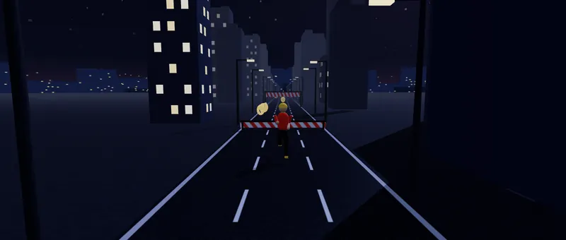 City world: the runner approaches a striped barrier on a night road lined with lit office towers.