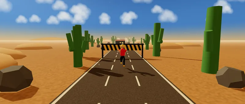 Desert world: the runner jumps toward a hurdle on a road between cacti and sand under a blue sky.