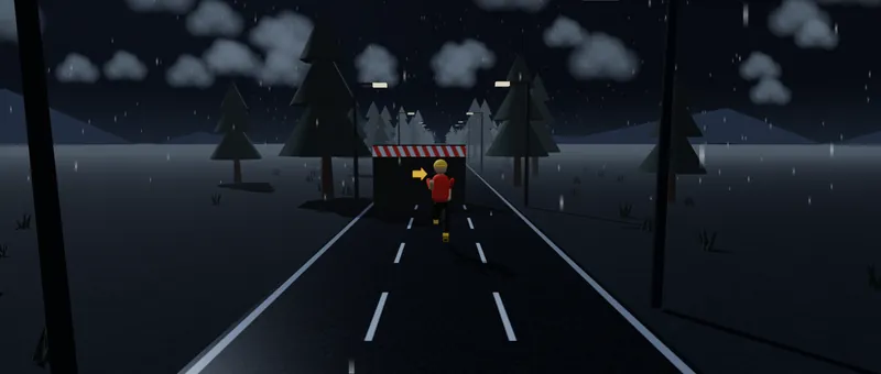 Storm world: rain falls on a dark road through pine trees as the runner nears a wall.