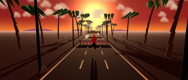 Sunset world: the runner clears a low bar on a palm-lined road with the sun setting ahead.