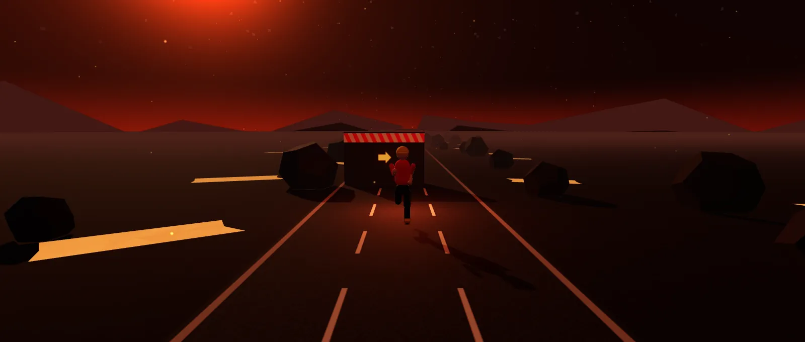 BodyArcade gameplay in the Volcano world: the runner heads down a dark road toward a lean-left wall, with lava cracks glowing in the black rock on both sides.