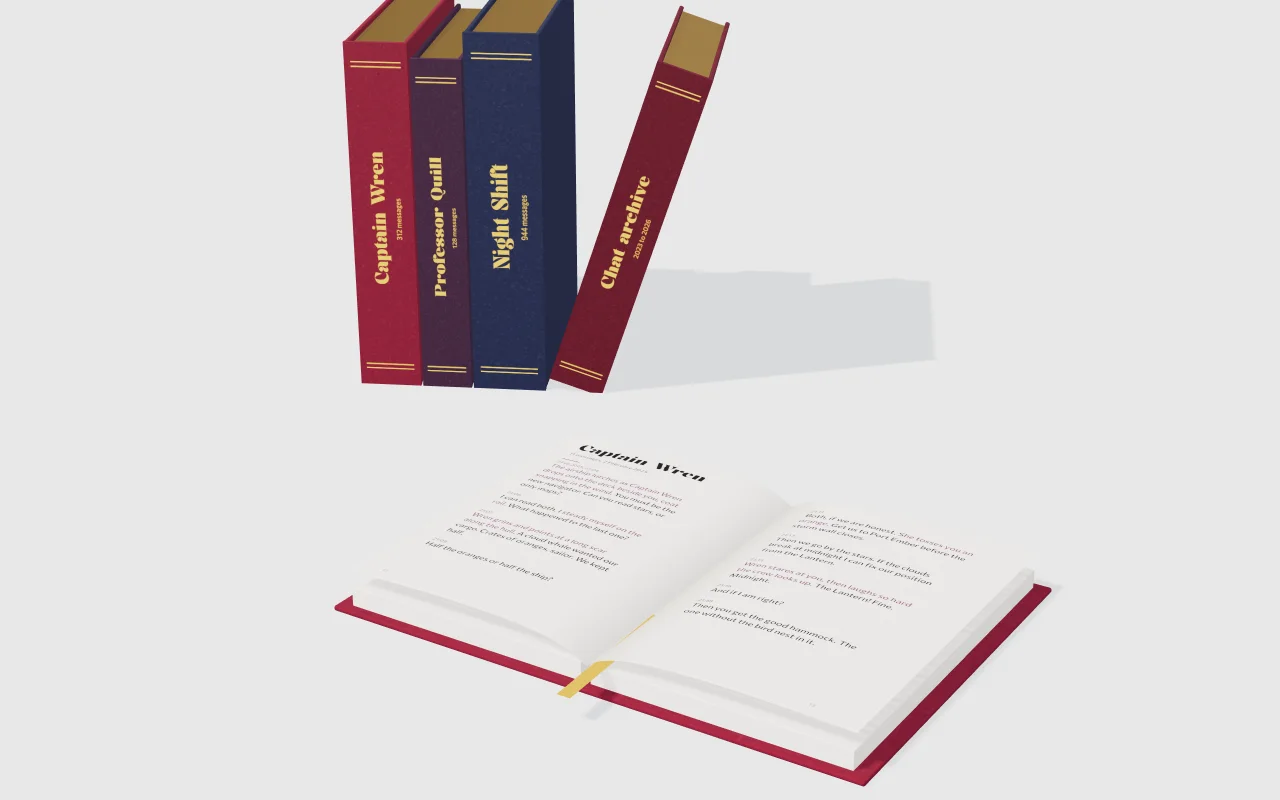 Three cloth-bound books with gilt titles beside an open book whose pages are a typeset chat