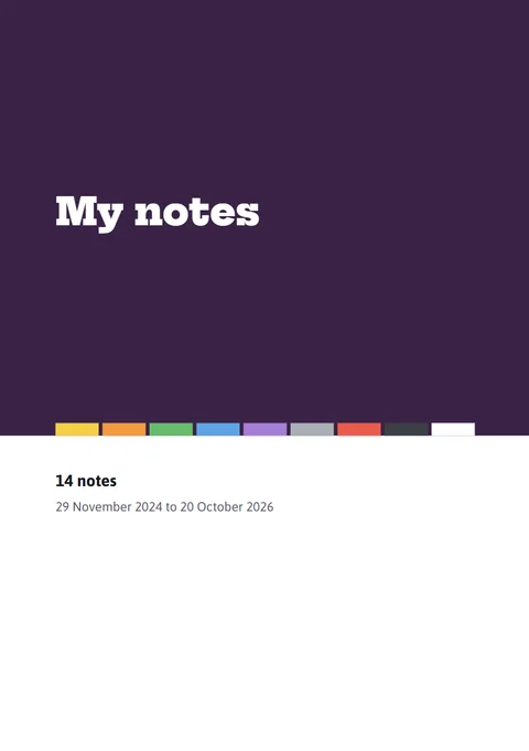 Notelift がサンプルのメモから作った PDF ブックの表紙。タイトルの下に9色のタブが並んでいます。