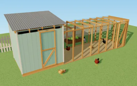 Un pollaio a casetta in 3D: il ricovero in legno con rivestimento verde acqua e una porta con diagonale a misura d’uomo, accanto a un lungo recinto di rete, con galline sull’erba.