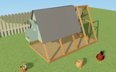 Un pollaio a capanna in 3D: due falde di legno, quella del ricovero coperta di lastre, un nido sul timpano e il recinto sotto la struttura, con galline e un cestino di uova.