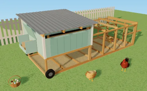 Un pollaio mobile in 3D: il ricovero verde acqua su due ruote in fondo a un recinto di rete senza fondo, sull’erba con galline e un cestino di uova.