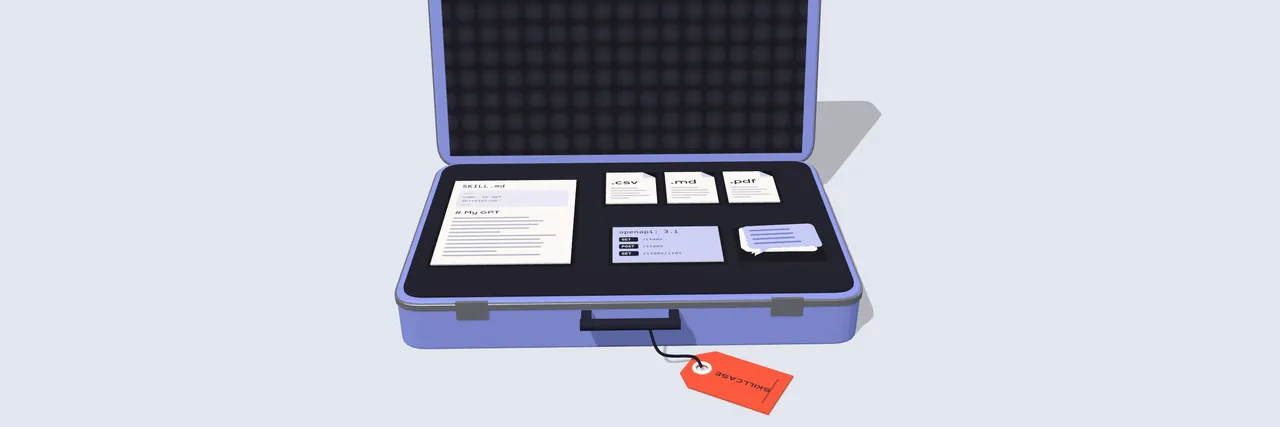 An open periwinkle hard case, its foam holding a SKILL.md sheet, three file cards, a schema card and a stack of chat cards, with a tomato-red luggage tag on the handle.