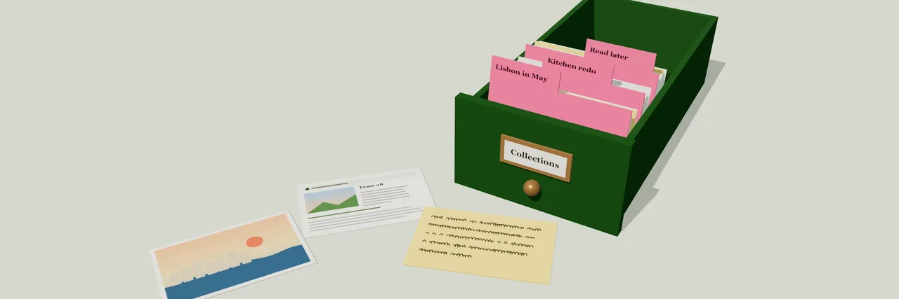 An open moss-green card drawer with pink divider tabs; saved web pages, a handwritten note and a photo are filed on index cards.