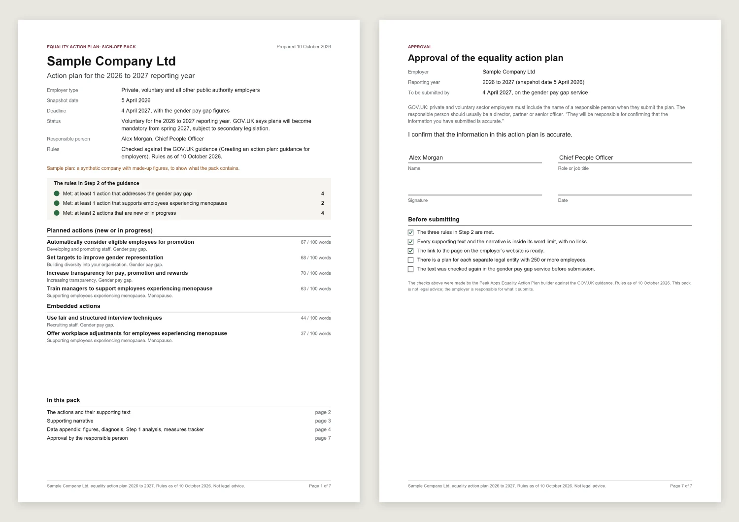 Two pages of a printed equality action plan sign-off pack side by side. The first has the organisation, the reporting year, the deadline, the status of the duty, the three rules marked as met and the list of planned and embedded actions. The second is the approval page with the responsible person’s name, job title, a signature line and the date.
