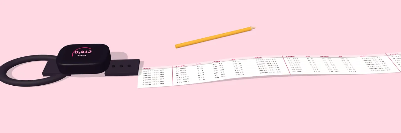 A fitness band lying on a desk. Its strap runs out as a long ruled paper tape with a row of numbers for each day.