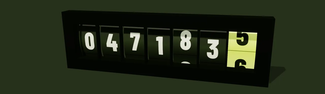 A close-up of an odometer: a row of dark digit drums with the last one lit in hi-vis lime, on dark asphalt green
