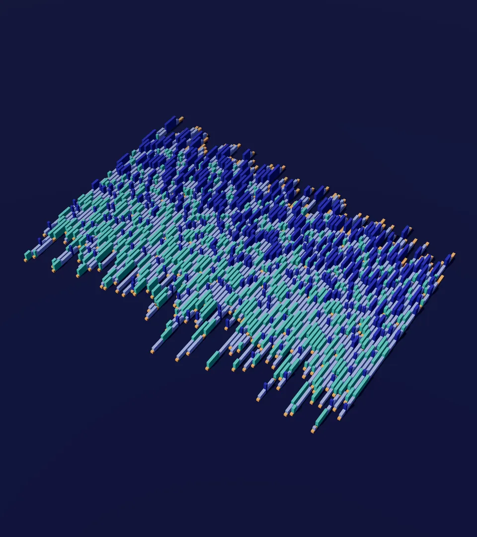 Ninety nights of the sample person’s sleep as a woven block: one row per night, deep sleep in indigo, light sleep in periwinkle, REM in teal and time awake in apricot