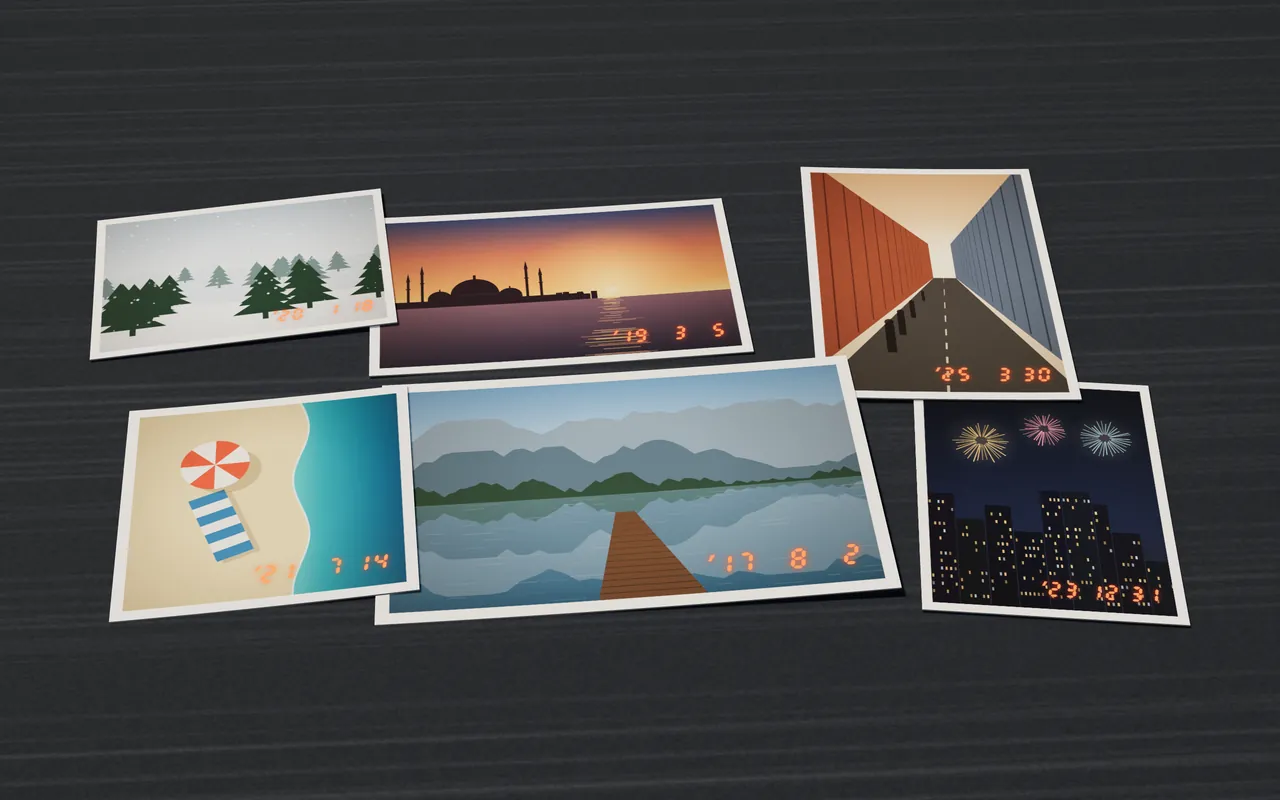 Photo prints fanned out on a dark desk, each with an orange date stamp in the corner