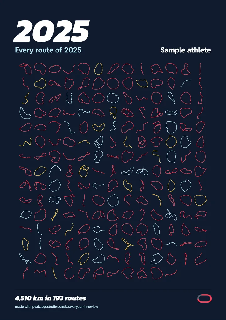 A route poster made by Yearlap Pro from the sample athlete: every route of the year in a grid, runs in red, rides in ice blue, walks in gold