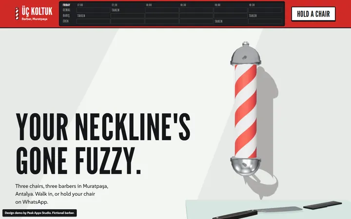 The barber demo on a laptop: a 3D barber’s pole next to the headline Your neckline’s gone fuzzy.