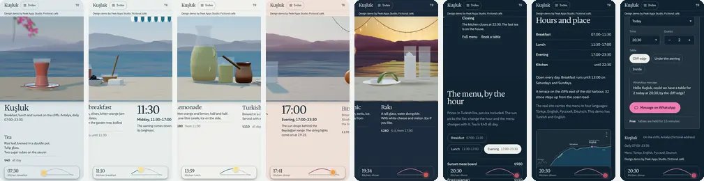 Eight phone screens from the café demo: tea at 07:30, breakfast, lemonade at midday, the 17:00 table, rakı at sunset, closing time, opening hours with the map, and the table booking form.