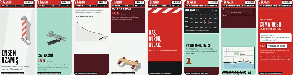 Berber örneğinden yukarıdan aşağıya sekiz telefon ekranı: berber direği, 550 liralık saç kesimi, sakal, ustura tıraşı, kaş, burun ve kulak, akşam koltuk tahtası, harita ve cuma 18.30 için ayrılan koltuk.