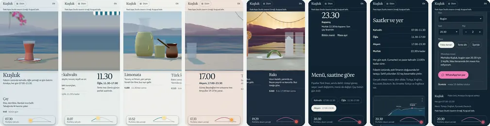 Kafe örneğinden sekiz telefon ekranı: 07.30’da çay, kahvaltı, öğlen limonata, 17.00’de teras, gün batımında rakı, kapanış saati, harita ile çalışma saatleri ve masa ayırma formu.