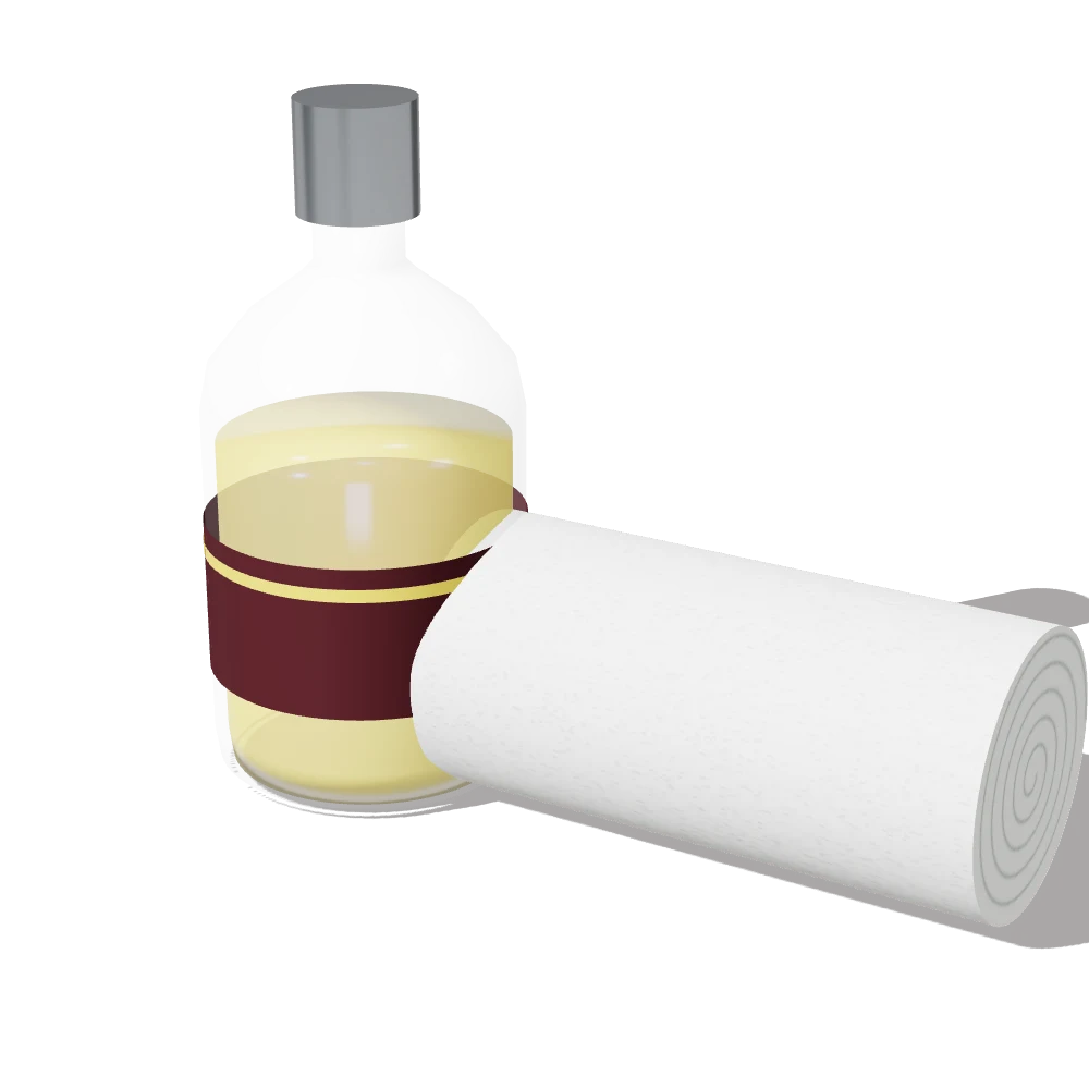 A bottle of lemon cologne beside a rolled hot towel.