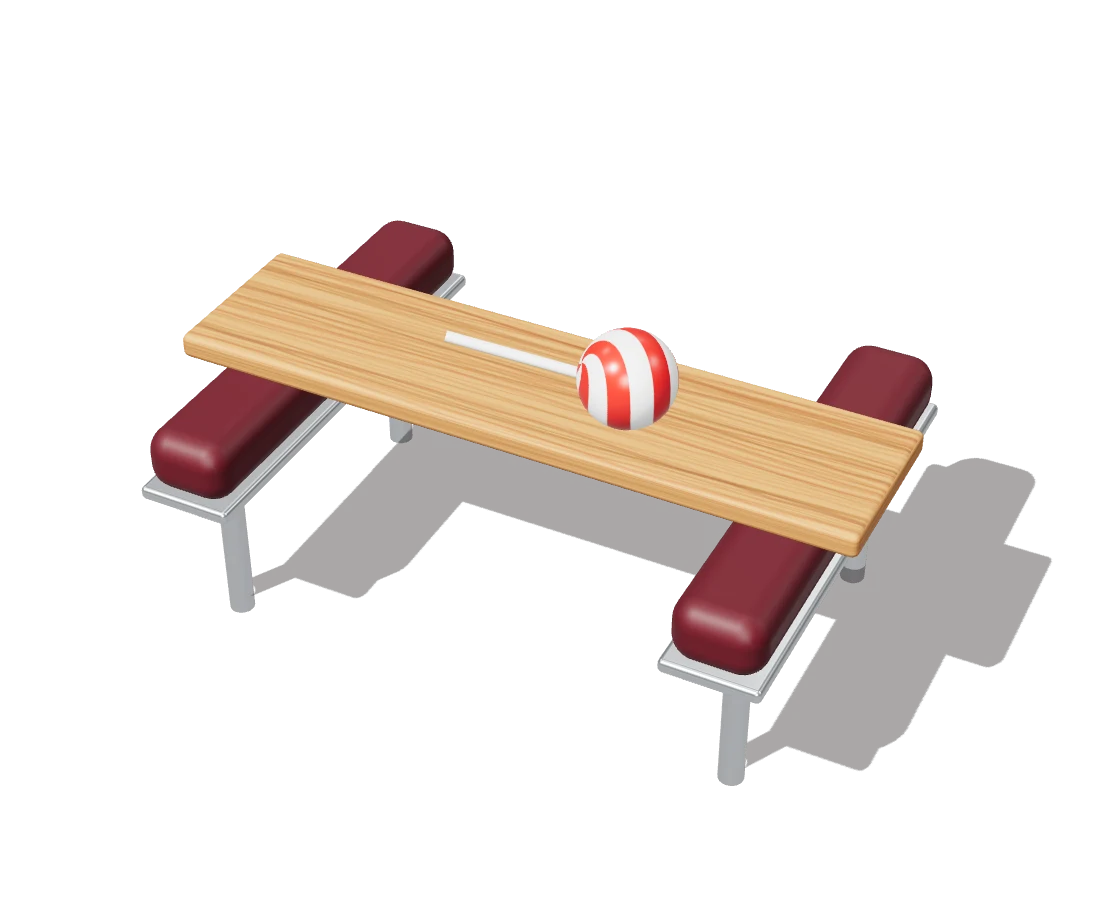 A wooden plank laid across the leather arms of a barber chair, with a striped lollipop on it.