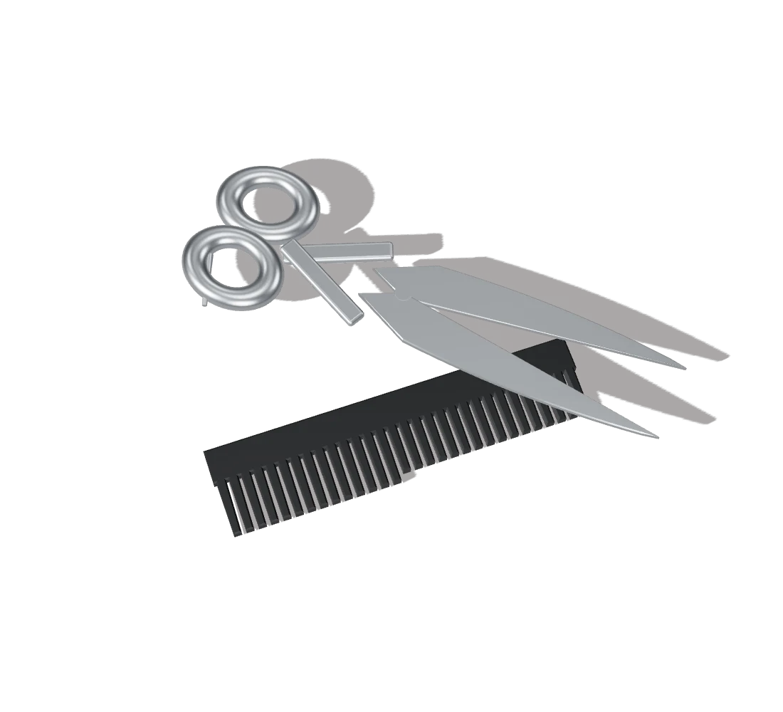 Barber scissors resting on a black comb, with a sharp shadow.