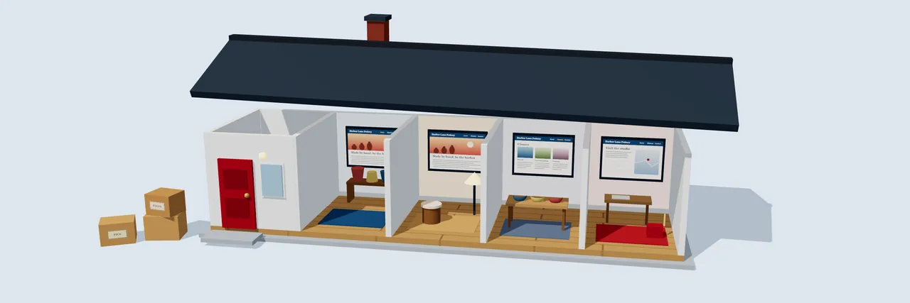 A small white house with its roof lifted off. Each room is a page of a website with its pictures on the walls; a red front door, and two moving boxes outside.