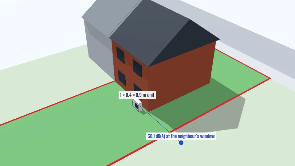 A sample house in 3D with an air source heat pump behind it and a blue line to the neighbour’s window labelled with the calculated sound level.