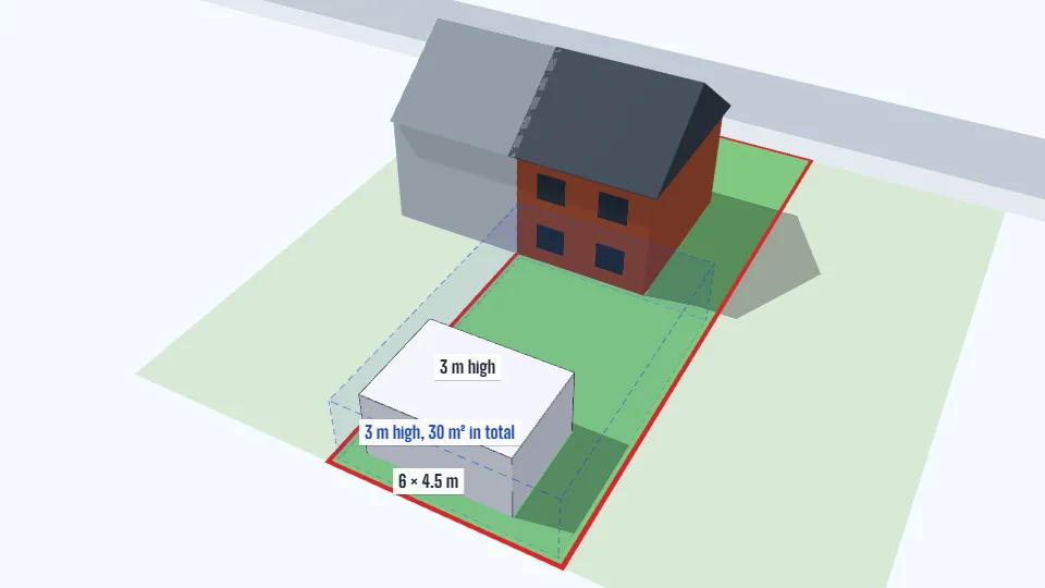 A sample house in 3D with a 6 m by 4.5 m garden room at the end of the garden, under a translucent blue volume 3 m high.