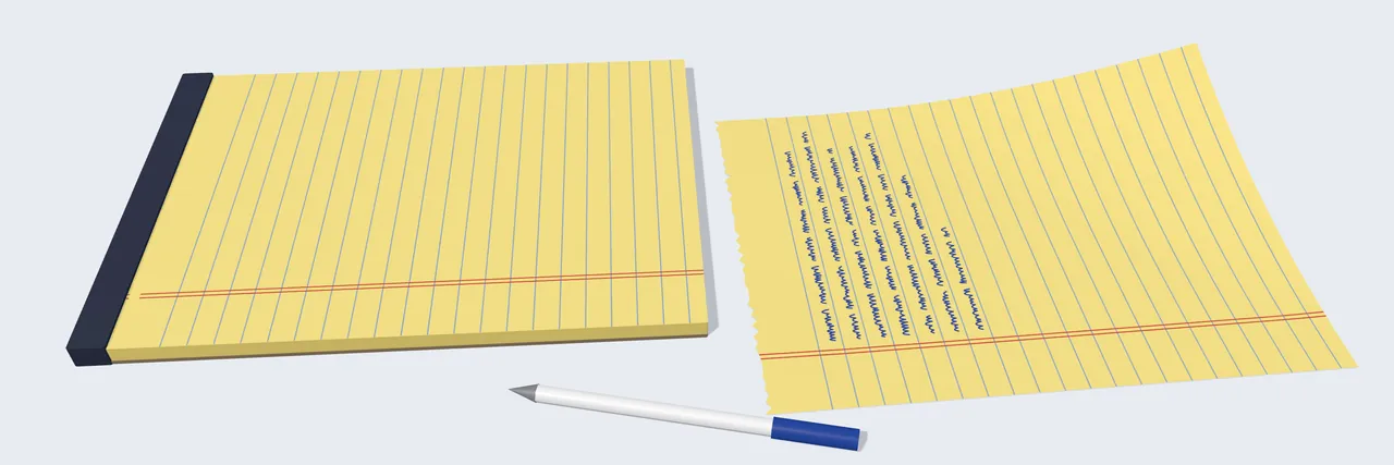 A canary legal pad on a grey desk, its last leaf torn off along the perforation and curling up, with a few written lines on it.